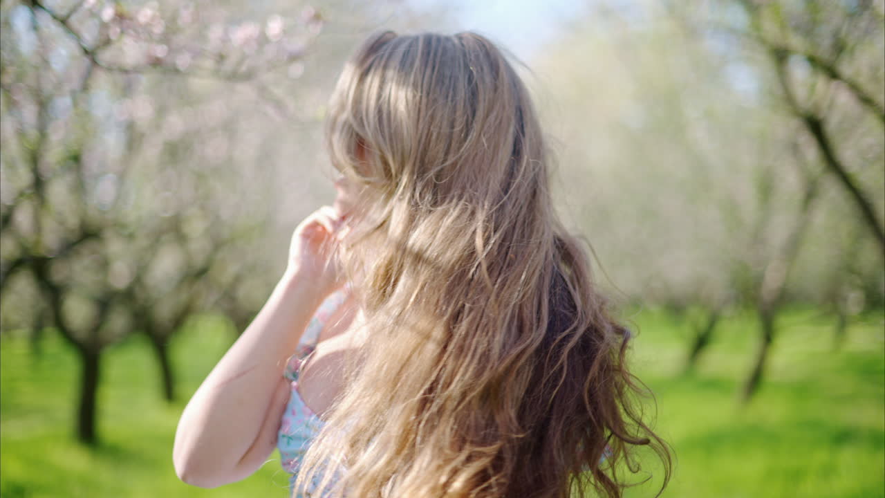 Brunette woman in a blue dress spinning in a field of blooming almond trees