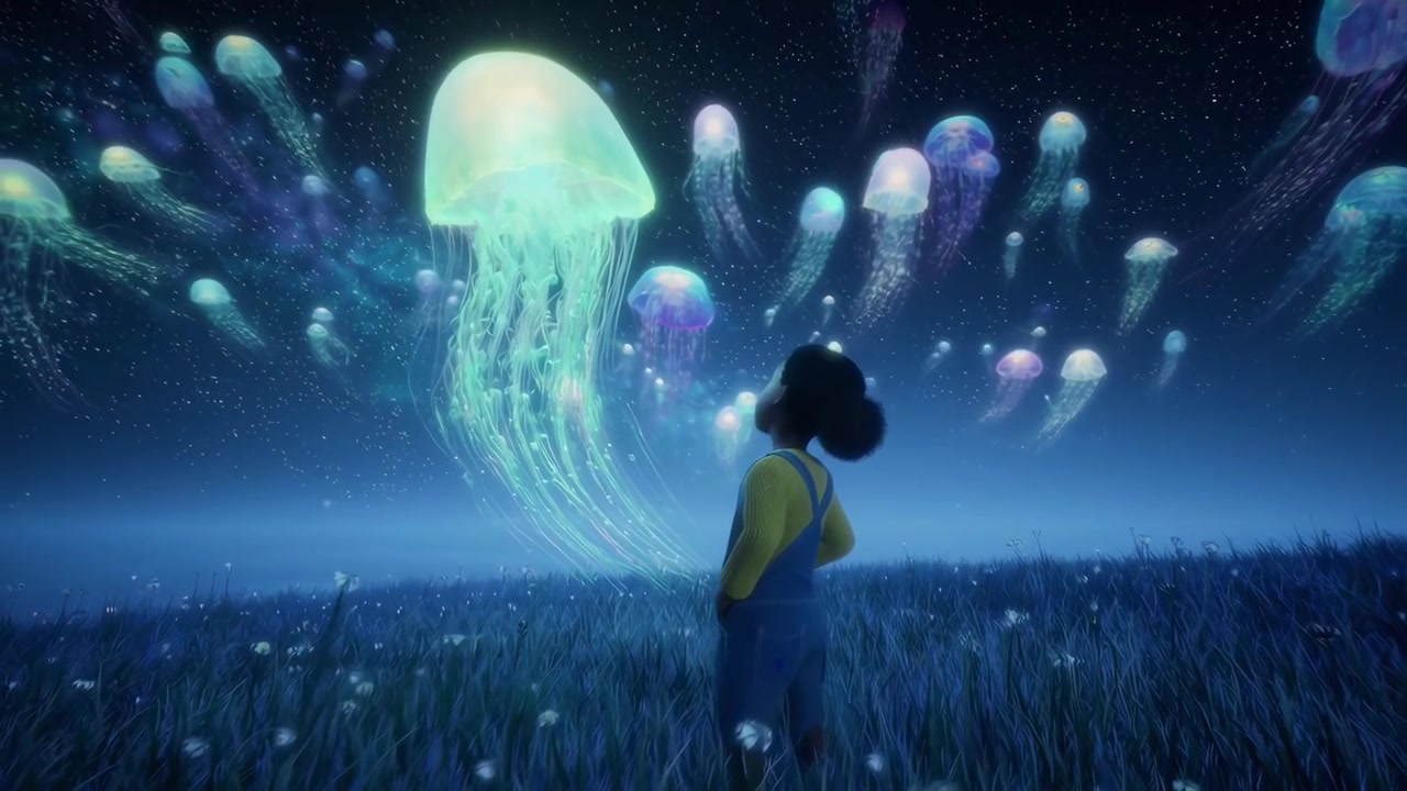 Ragazza animata che osserva meduse luminose in un cielo notturno stellato