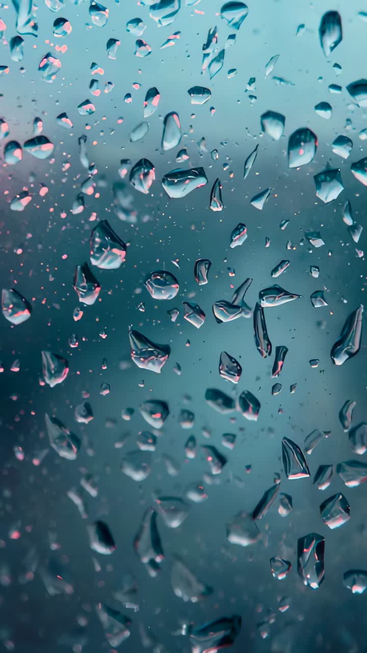 Vertical video: Sliding droplets on glass pane joining into trails as soft rain falling, teal blur