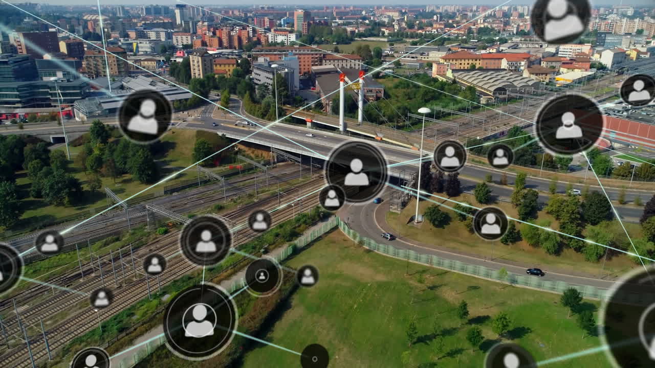 Animating network connections and user icons over urban landscape with roads and buildings