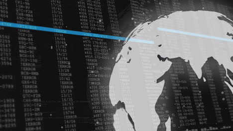 animation of digital data processing and globe over black background