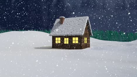 Snow-falling-over-a-house-on-winter-landscape-against-night-sky