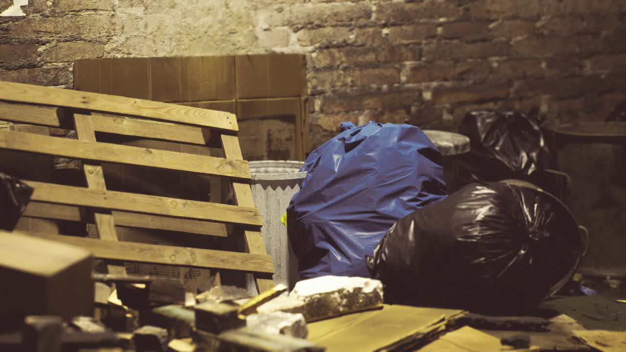 Scena di degrado urbano con materiali di scarto in un deposito in penombra.