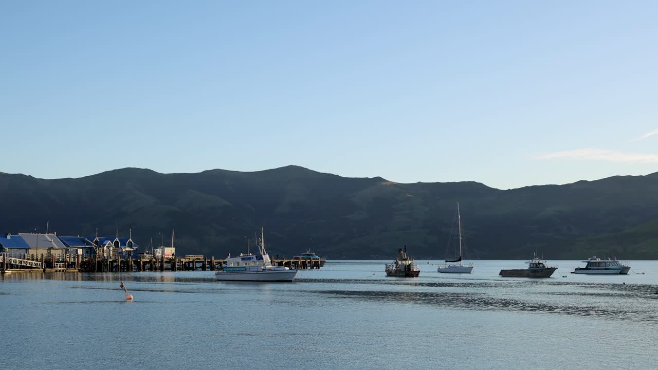 Boats gently glide across Akaroa Harbor under soft evening light, surrounded by serene hills and calm waters