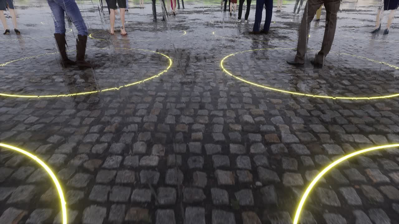 """비가 내리면 사람들은 원으로 서 있습니다.사회적 거리, 의료 개념, 코로나 바이러스, 4k."""