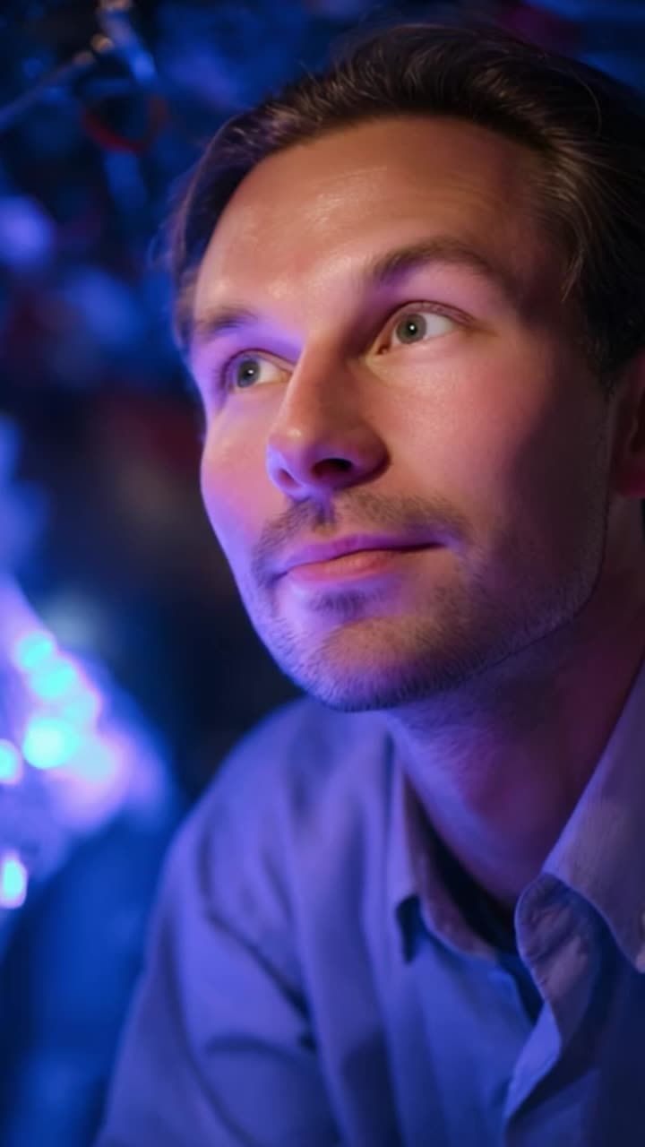 A contemplative individual gazes thoughtfully into the distance, illuminated by soft, colorful lights that create an atmospheric ambiance around him