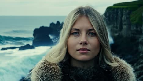 woman in fur jacket looking at camera with ocean in background