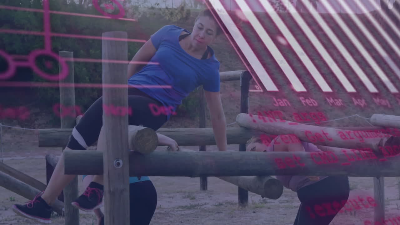 Women exercising on outdoor equipment with data processing animation overlay