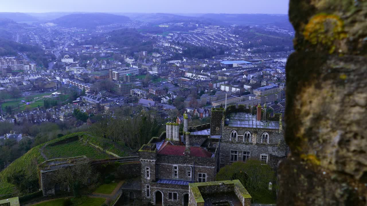 Aerial view from the castle of the foggy city of Dover, England