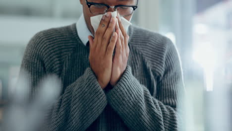 Sick-business-man,-tissue-and-blowing-nose