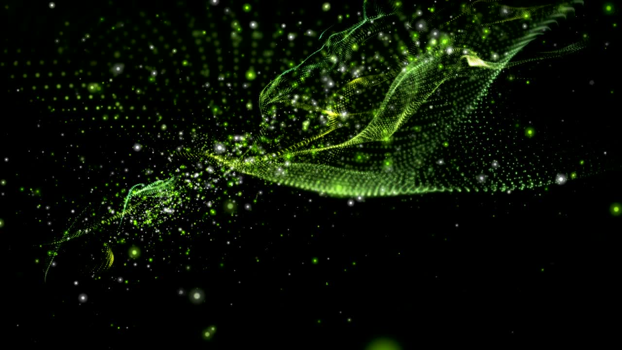eco animación futurista con objeto de onda y partículas parpadeantes en cámara lenta, 4096x2304 bucle 4k