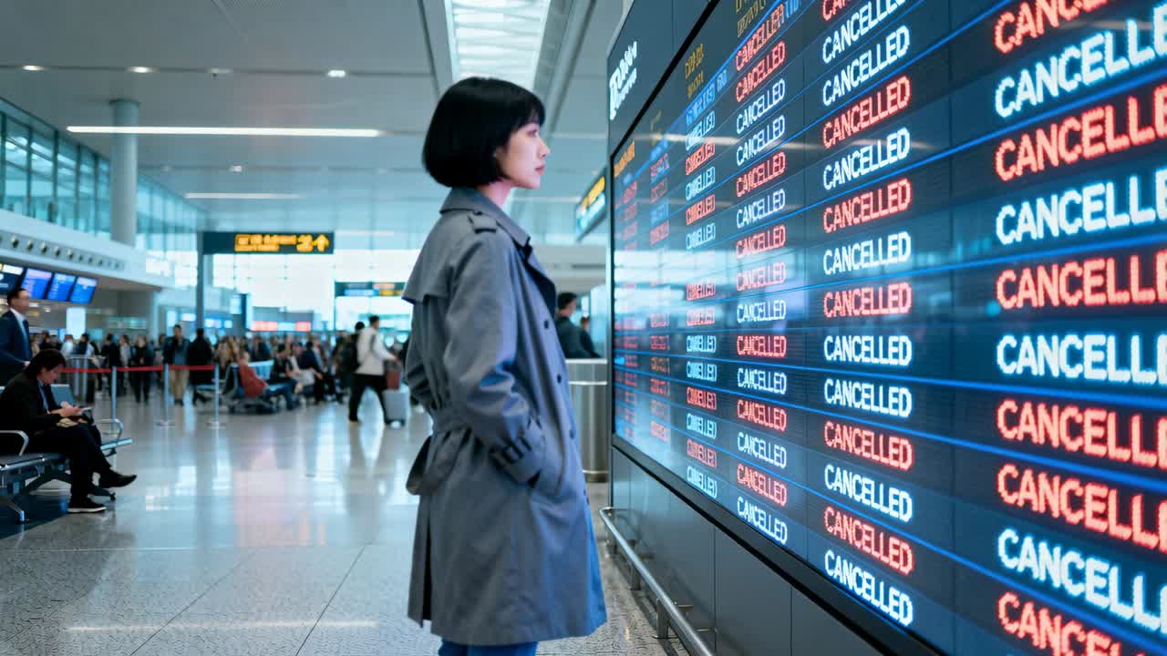 Mujer de pie en el aeropuerto, observando el panel de salidas que muestra vuelos CANCELADOS, comprobando el estado del vuelo.