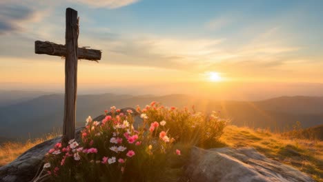 a serene landscape video scene with a low-angle view of a wooden cross and vibrant flowers