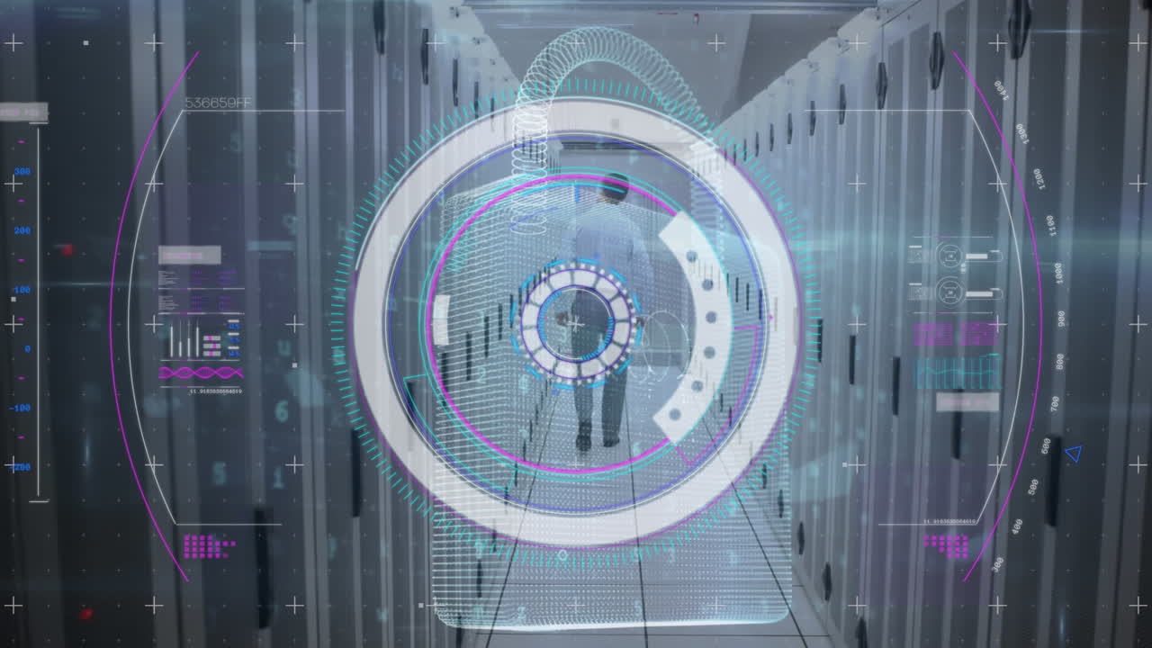 Animation of data processing over padlock and it male technician by computer servers
