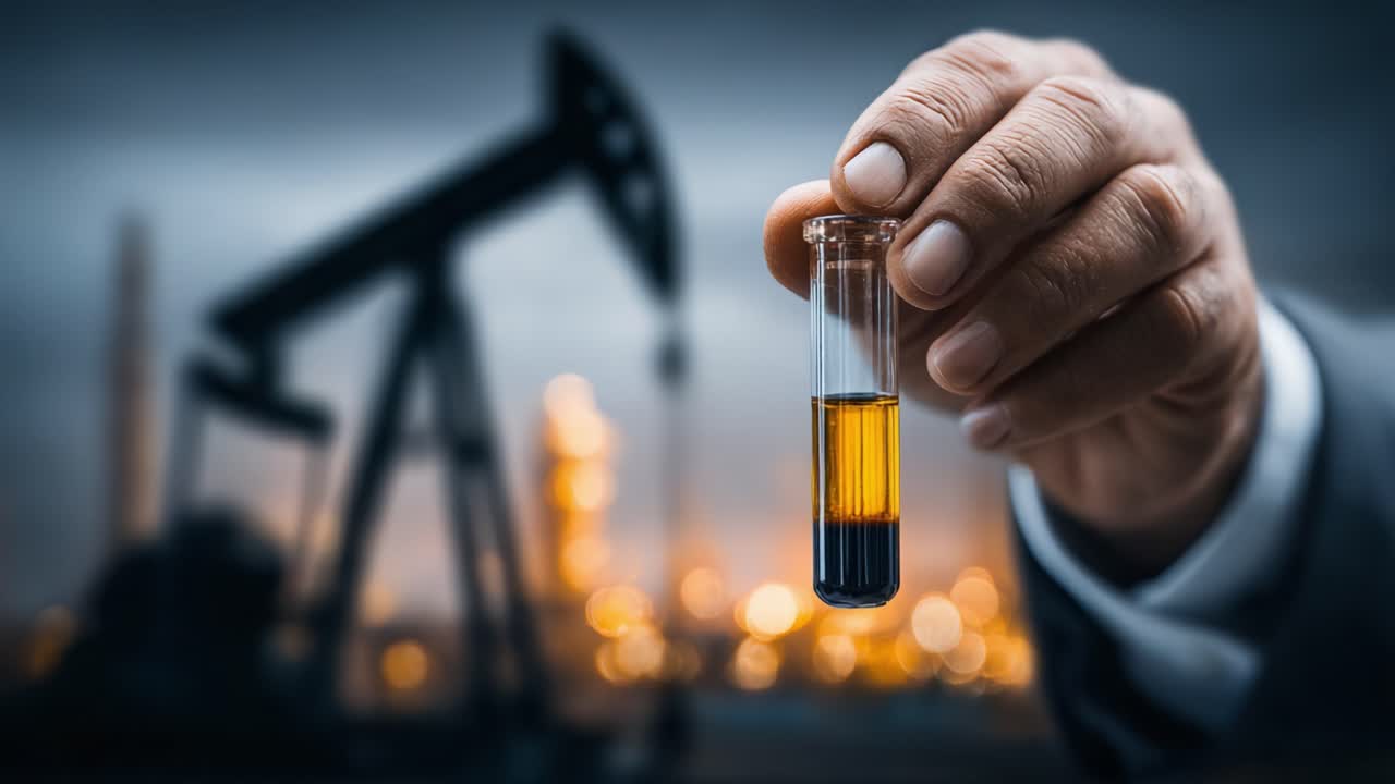 A Close-Up View of a Hand Holding a Test Tube Containing Distinct Liquid Layers Amidst an Oil Extraction Background, Symbolizing the Intersection of Chemistry and Industry
