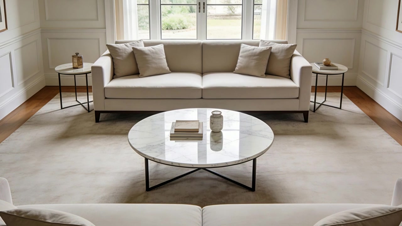 Showing centered cream sofa, marble table staying still in living room, books resting on table