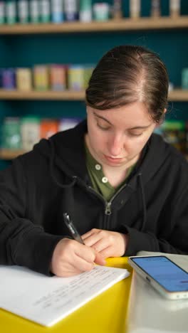 young woman studying in a health food store