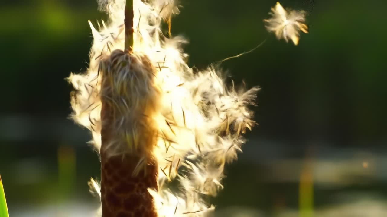 A Close-Up View of a Fluffy Cattail, Captured in Glittering Light, Showcasing Its Delicate Ferns Against a Tranquil Background with Nature's Serenity