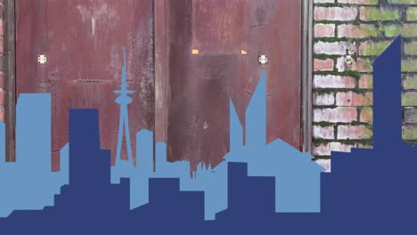 animation of blue cityscape silhouettes moving over brick wall