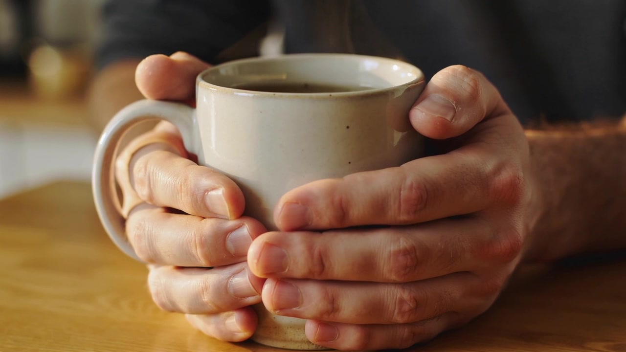 Mani adulte che scaldano una tazza di ceramica sul tavolo della cucina, con le mani avvolte che mostrano la parte superiore scura.