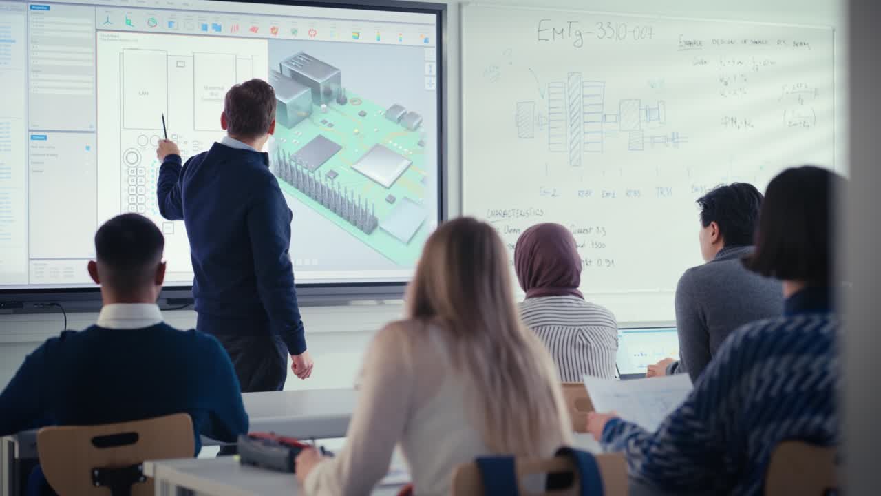 profesor de sexo masculino confiado usando pantalla interactiva digital, hablar con un grupo de estudiantes diversos y mostrando el concepto de placa de circuito impreso 3d. educación y concepto de alta tecnología