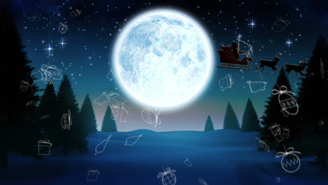 Weihnachtskonzeptikonen-über-Winterlandschaft-Gegen-Mond-Und-Leuchtende-Sterne-Am-Nachthimmel