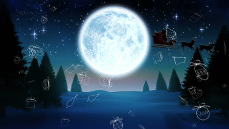 christmas concept icons over winter landscape against moon and shining stars in the night sky