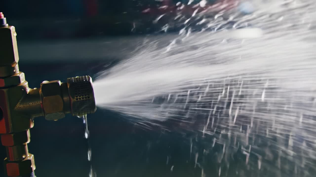 High-Pressure Water Spraying from a Hose Nozzle: A Close-Up Look at Fluid Dynamics in Action