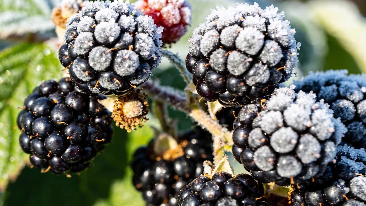 La cámara se mueve, enfocando un racimo de moras cubiertas de escarcha en el jardín, revelando una baya roja.