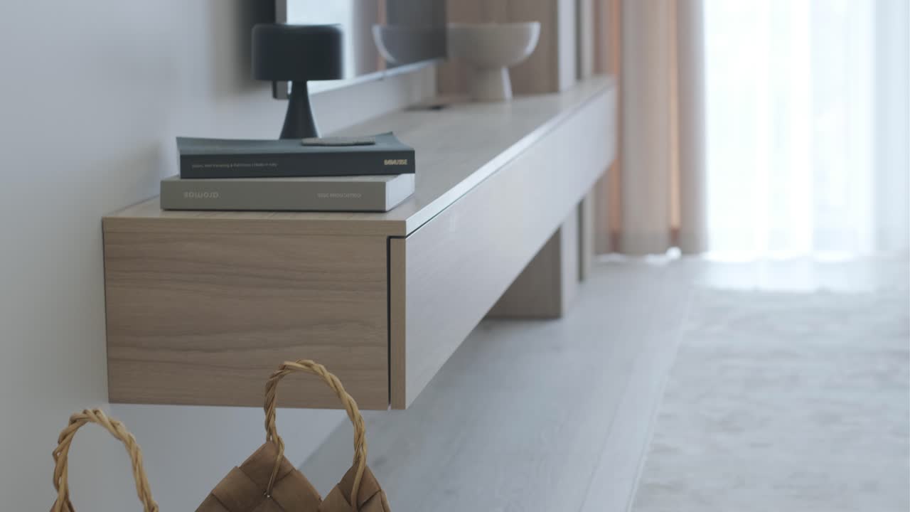 Modern Living Room with Wall-Mounted TV Stand and Basket