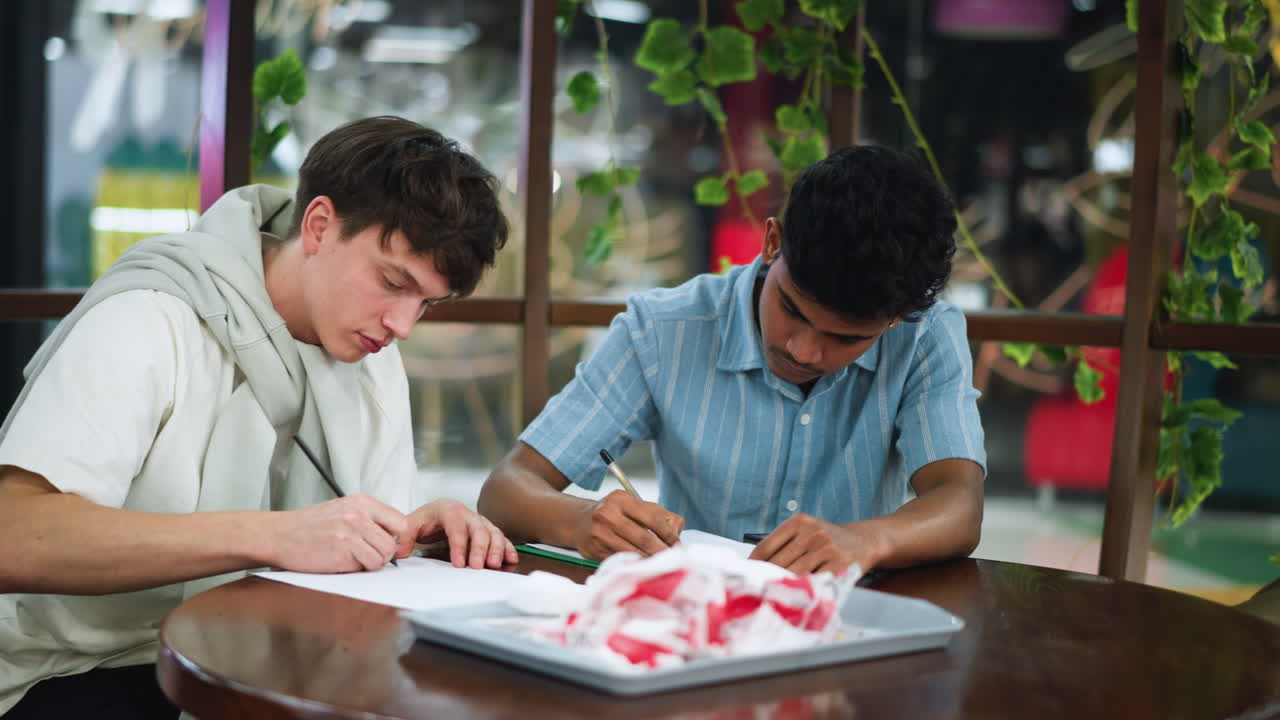 Two colleagues bend over desk intensely drawing varied sketches on paper while hands guide pencils and pens in focused creative session within bright modern office studio environment atmosphere vibe