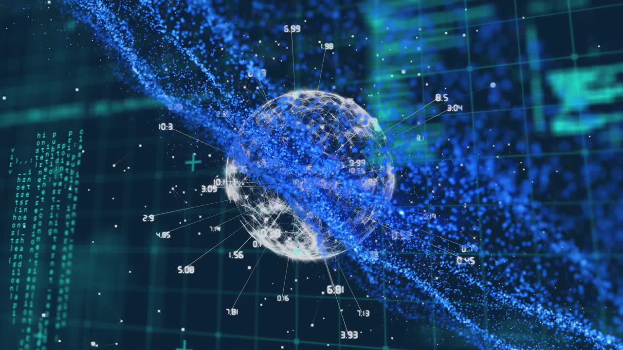 Animation of globe, data processing and connections on black background