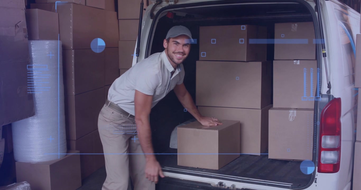Man leaning into open van rear, bending, lifting, stacking boxes, organizing cargo for delivery