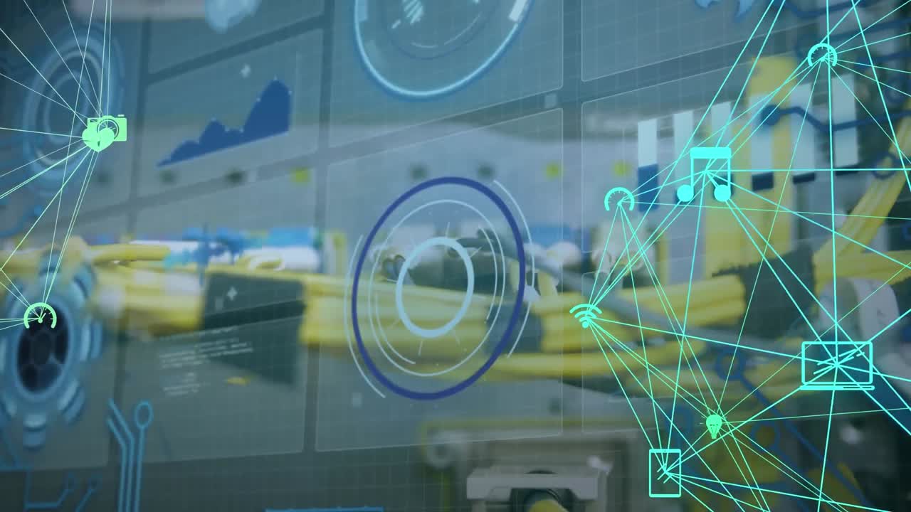 animación de la red de iconos digitales y interfaz con procesamiento de datos contra el primer plano del servidor.