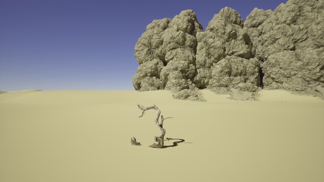 Desert landscape featuring a solitary tree next to rocky formations