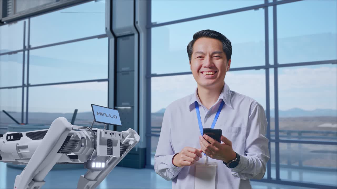 로 팔 근처 에 스마트폰 을 사용 하는 현대 공장 의 사람