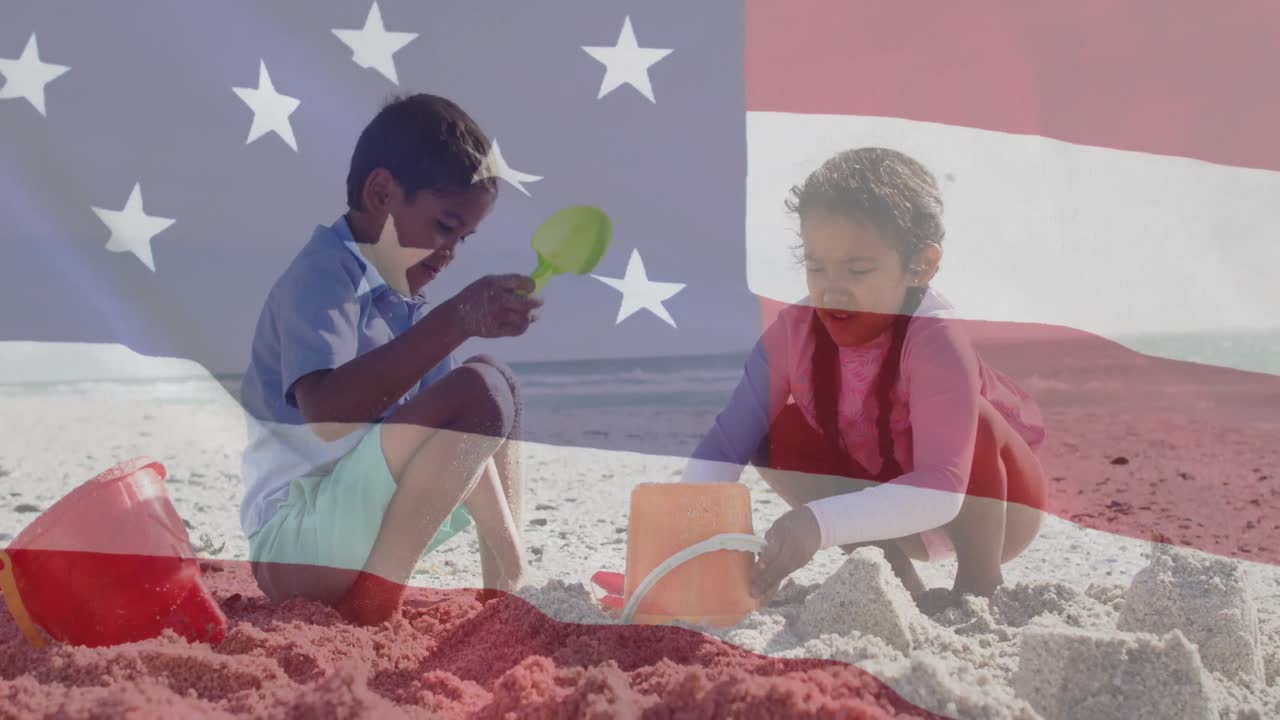 Animation of flag of united states of america over biracial boy and girl playing with sand on beach