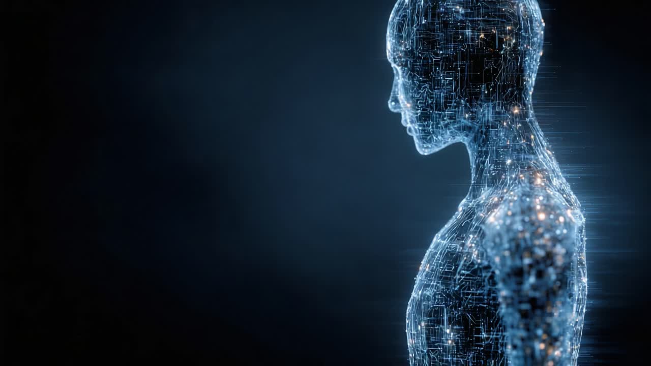 A Futuristic Representation of a Digitized Human Form Illuminated in Blue, Showcasing Technological Elements and Abstract Lines, Capturing the Essence of Artificial Intelligence and Innovation