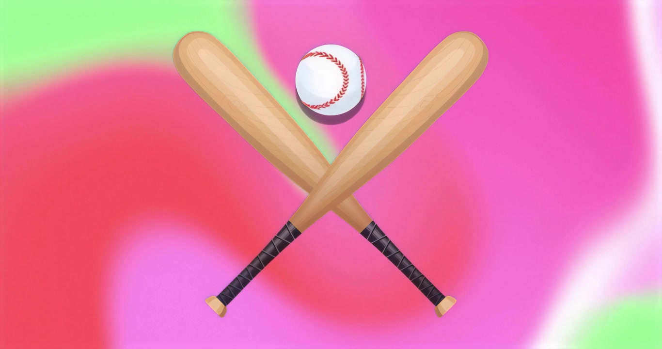 To trekøller ligger krysset mens en baseball svever over på et rosa-rødt-grønt gradientdesign