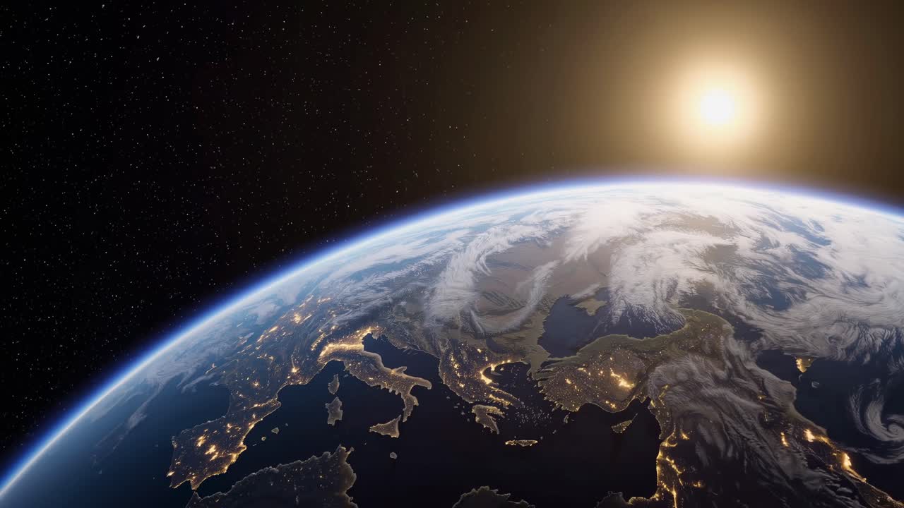 A video still of Earth from space, captured from a high-angle view, showcasing the planet's