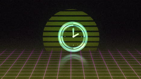 animation of data loading clock over moving pink grid and rising sun on black background