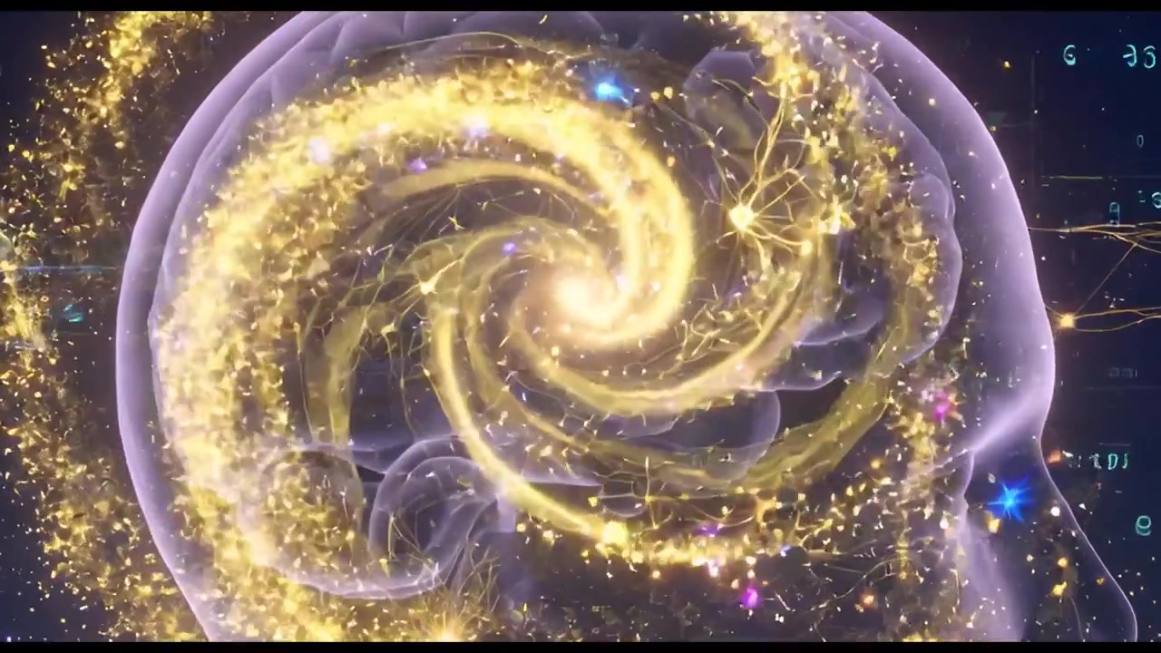 Digital Brain with Swirling Golden Energy and Neural Connections