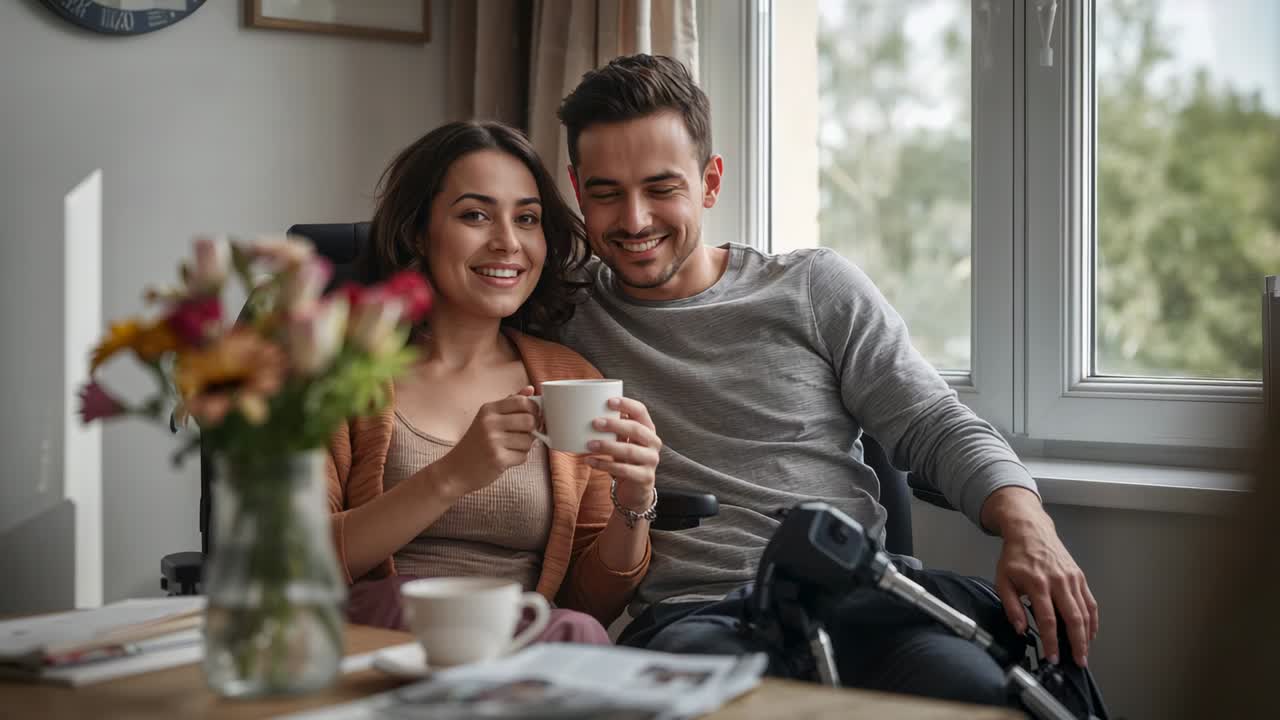 Feeling calm, romantic couple leaning closer on couch by window, holding mug near wheelchair