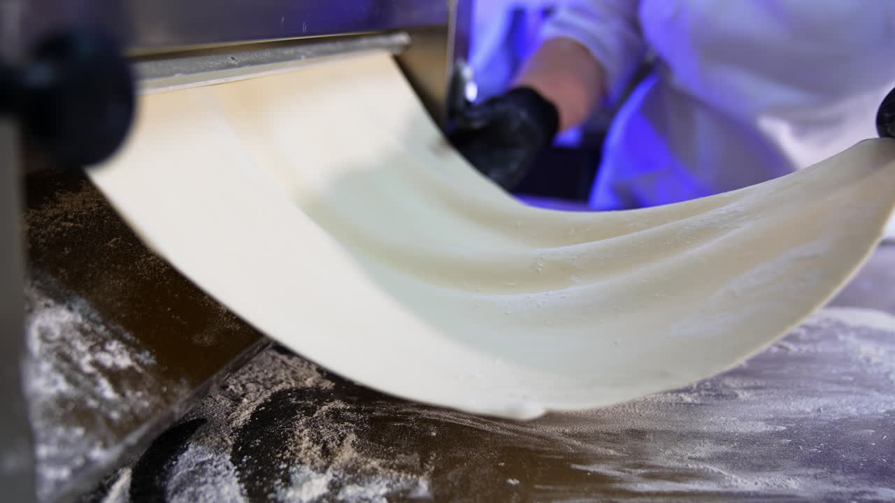 Food factory worker pulls the layer of dough from a roller machine. Fresh pastry dough is laid on the metal table surface.