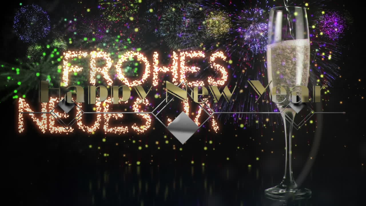 animación de felicitaciones de feliz año nuevo sobre una copa de champán y fuegos artificiales explotando