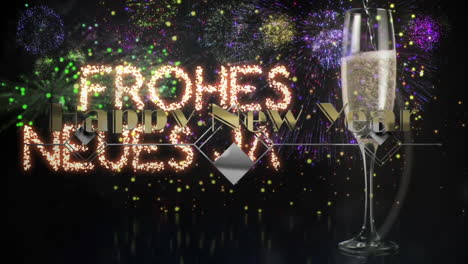 animation of happy new year greetings over glass of champagne and fireworks exploding