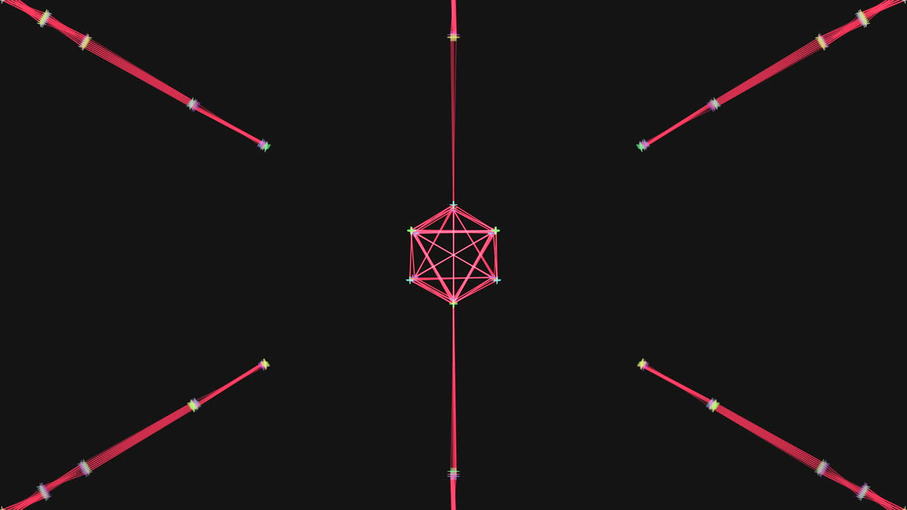 A simple black background showcases a red wireframe cube in a minimalist art style, emphasizing abstract geometric shapes