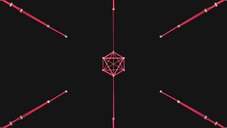 a simple black background showcases a red wireframe cube in a minimalist art style, emphasizing abstract geometric shapes