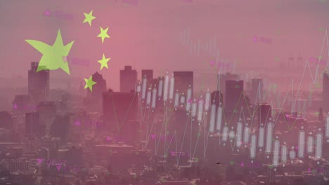 animation of flag of china and data processing over cityscape