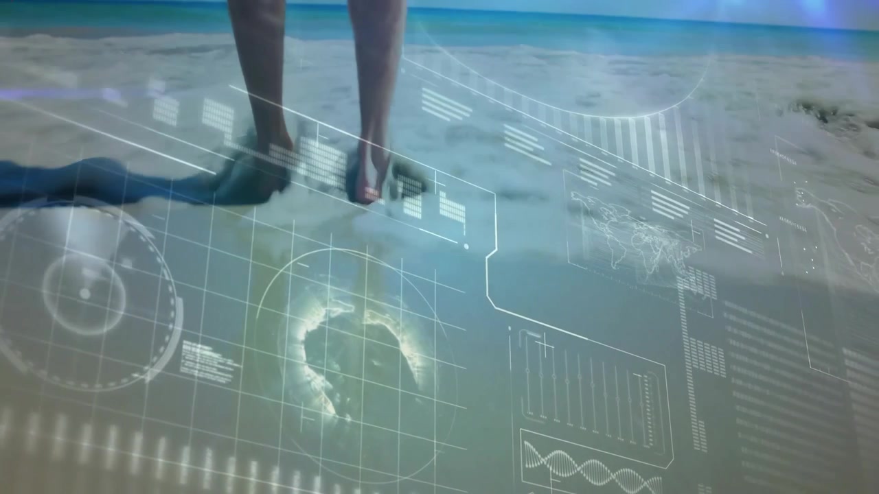 Entering frame with bare legs, stepping onto wet sand activating HUD charts blending data with surf